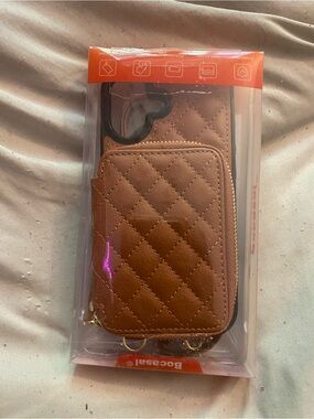 Quilted Brown Zipper Wallet Phone Case with Card Slots